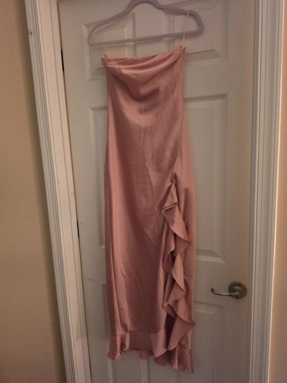 Dress Forum Pink Satin Strapless Maxi Dress with Ruffle Hem